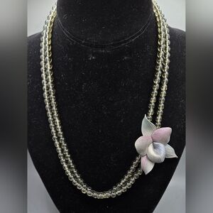 Smoky Grey Necklace w/ Orchid Flower Accent Hook Clasp 18" Long